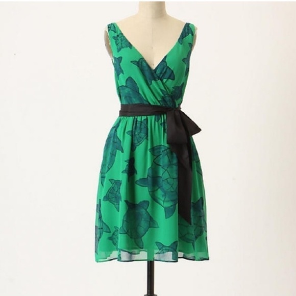 Anthropologie Moulinette Soeur Arribada Current Dress Green Silk Turtle Print 0 - Picture 2 of 7